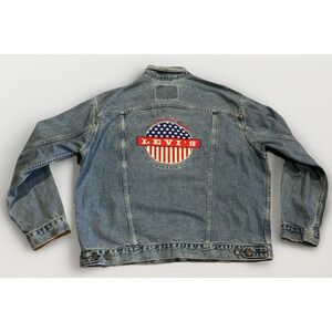 Vintage 90s Levi's Denim Jean Jacket 70507 Mens XL USA Made American Flag Rare